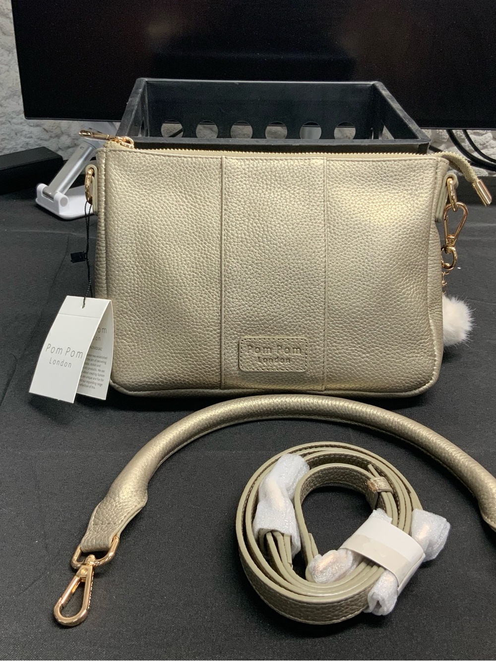 Pom Pom London Metallic Gold Pebbled Crossbody Bag